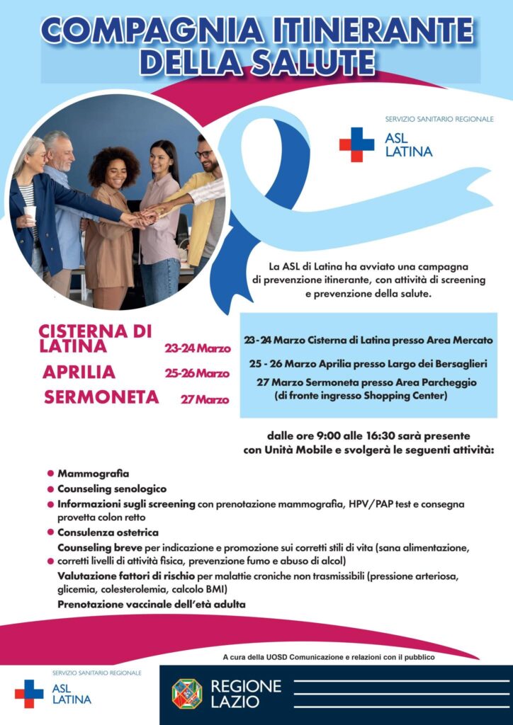 Locandina Asl, campagna di prevenzione itinerante. Photo da Ufficio Stampa del Comune di Cisterna di Latina